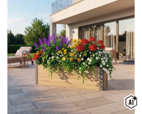 Rechteckiger Pflanzkübel mit Holzoptik auf einer Terrasse, bepflanzt mit blühenden Blumen in Violett, Gelb, Rot und Weiß. (Image AI modified or generated)