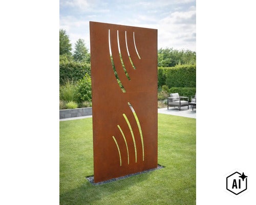 Paravent rectangulaire en métal aspect rouille avec des découpes incurvées comme élément décoratif dans un jardin sur une pelouse (Image AI modified or generated)