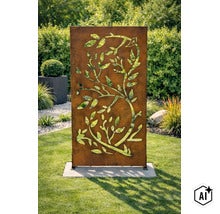 Écran de confidentialité rectangulaire en métal aspect rouille avec motif végétal découpé comme panneau décoratif pour le jardin. (Image AI modified or generated)