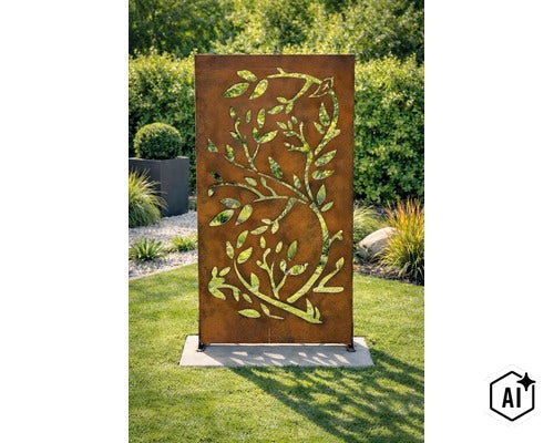 Écran de confidentialité rectangulaire en métal aspect rouille avec motif végétal découpé comme panneau décoratif pour le jardin. (Image AI modified or generated)