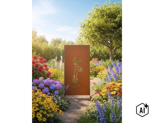 Sichtschutzwand aus Metall mit Edelrost Patina und Blumenmotiv als Garten Dekoration in einem sonnigen Garten mit Blumenbeeten. (Image AI modified or generated)