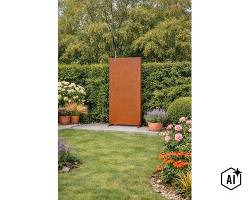 Paravent rectangulaire en acier corten sur une terrasse dans un jardin avec des haies et des plantes en fleurs. (Image AI modified or generated)