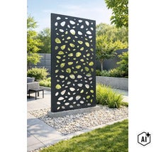 Paravent décoratif en métal avec motif ajouré organique, posé sur une base en béton dans un jardin moderne. (Image AI modified or generated)