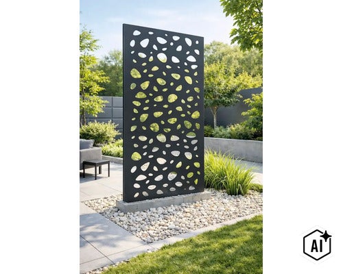 Paravent décoratif en métal avec motif ajouré organique, posé sur une base en béton dans un jardin moderne. (Image AI modified or generated)