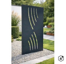 Rechteckiger Sichtschutz aus Metall mit dekorativem Wellenausschnitt für den Gartenbereich. (Image AI modified or generated)