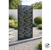 Rechteckiger Sichtschutz aus Metall mit horizontalem Schlitzmuster als Garten-Trennwand im Außenbereich. (Image AI modified or generated)