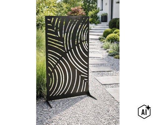 Brise-vue en métal pour le jardin avec motif de lignes décoratif comme séparateur de pièce autoportant pour l extérieur. (Image AI modified or generated)