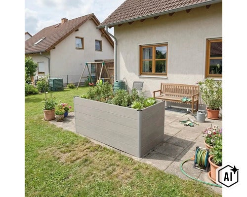 Jardinière surélevée rectangulaire en plastique aspect bois sur une terrasse en pierre dans un jardin avec maison, banc et plantes. (Image AI modified or generated)