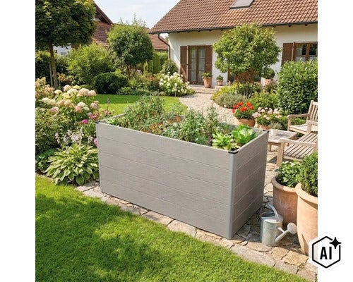 Jardinière surélevée rectangulaire en bois composite située dans un jardin devant une maison avec une terrasse et des plantes. (Image AI modified or generated)