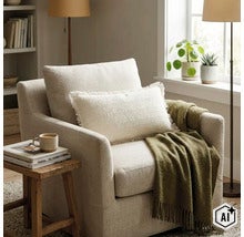 Un fauteuil confortable avec un coussin texturé à franges et un plaid doux dans un salon lumineux avec une table d appoint. (Image AI modified or generated)