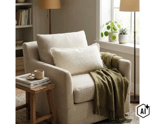 Un fauteuil confortable avec un coussin texturé à franges et un plaid doux dans un salon lumineux avec une table d appoint. (Image AI modified or generated)