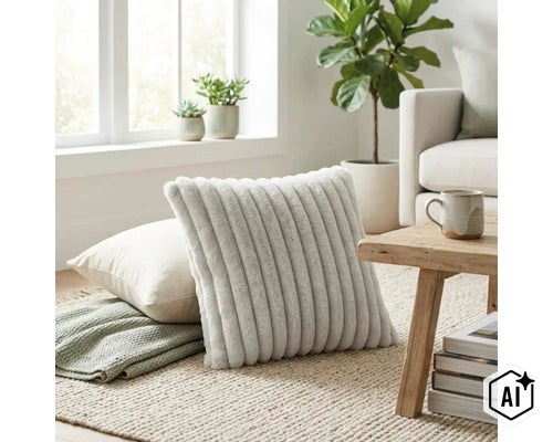 Un coussin décoratif texturé à rayures verticales posé sur un tapis clair dans un intérieur chaleureux. (Image AI modified or generated)