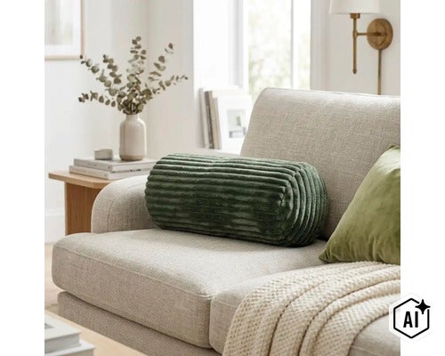 Zylindrisches Dekokissen mit gerippter Struktur auf einem modernen Sofa in einem hellen Wohnzimmer. (Image AI modified or generated)