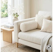 Ein helles Sofa mit Cord Nackenkissen, Dekokissen und einer Überdecke in einem modern eingerichteten Wohnbereich mit Beistelltisch und Blumenvase. (Image AI modified or generated)