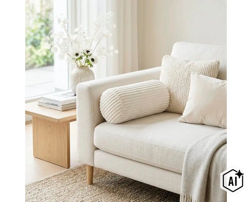 Ein helles Sofa mit Cord Nackenkissen, Dekokissen und einer Überdecke in einem modern eingerichteten Wohnbereich mit Beistelltisch und Blumenvase. (Image AI modified or generated)