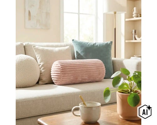 Ein längliches, geripptes Kissen auf einem Sofa mit weiteren verschiedenen Zierkissen in einem hellen, wohnlichen Wohnzimmer. (Image AI modified or generated)