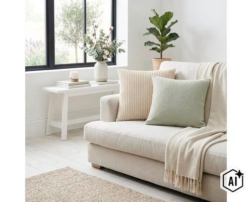 Helles Wohnzimmer mit Sofa, strukturierten Zierkissen, Überwurfdecke, Beistelltisch mit Blumenvase und Zimmerpflanze in moderner Einrichtung. (Image AI modified or generated)
