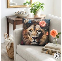 Coussin décoratif avec motif de lion et fleurs sur un canapé dans un salon confortablement aménagé. (Image AI modified or generated)