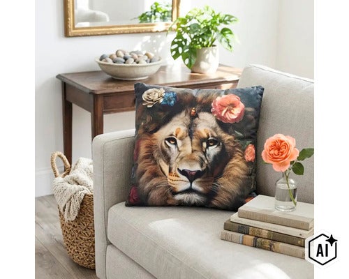 Coussin décoratif avec motif de lion et fleurs sur un canapé dans un salon confortablement aménagé. (Image AI modified or generated)