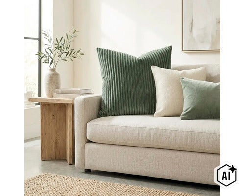 Wohnzimmersofa mit Strukturkissen und Dekokissen auf einem beigen Stoffsofa neben einem hölzernen Beistelltisch in einem hellen Wohnraum (Image AI modified or generated)