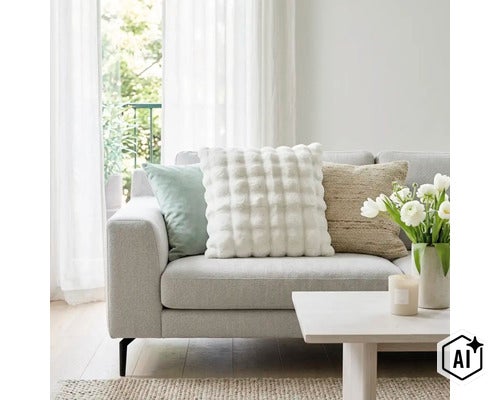 Un salon lumineux avec un canapé décoré de trois coussins différents et une table basse avec un vase rempli de fleurs. (Image AI modified or generated)