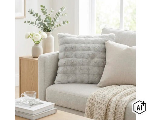 Quadratisches Sofakissen mit weichem Webpelzbezug in strukturierter Optik auf einem modernen Sofa platziert. (Image AI modified or generated)