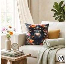 Dekokissen mit Schimpansen-Motiv umgeben von Blumen auf einem hellen Sofa in einem wohnlich eingerichteten Wohnbereich. (Image AI modified or generated)