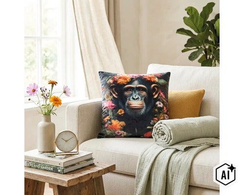 Dekokissen mit Schimpansen-Motiv umgeben von Blumen auf einem hellen Sofa in einem wohnlich eingerichteten Wohnbereich. (Image AI modified or generated)