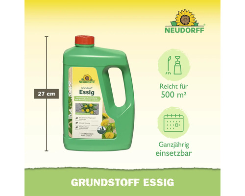 Neudorff Grundstoff Essig Konzentrat Unkrautvernichter in 3 Liter Flasche, reicht für 500 Quadratmeter, ganzjährig anwendbar.