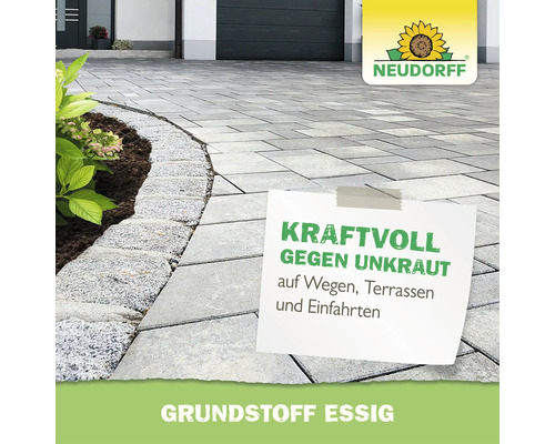 Neudorff Logo mit Hinweis auf Essig als Wirkstoff zur kraftvollen Unkrautbekämpfung auf Gehwegen, Terrassen und Einfahrten.