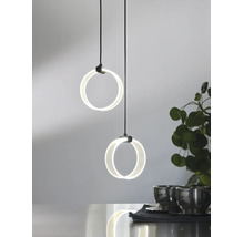 Moderne LED Pendelleuchte mit zwei runden Lichtringen in hängender Anordnung über einem Tisch mit Dekoration.