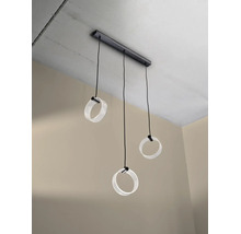 Moderne LED Pendelleuchte mit drei runden Leuchtelementen an einer rechteckigen Deckenhalterung für eine stilvolle Innenbeleuchtung