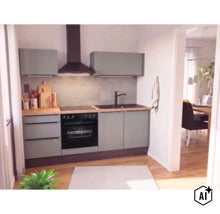 Cuisine équipée moderne avec façades mates, plan de travail en bois et appareils électroménagers intégrés dans un espace de vie ouvert. (Image AI modified or generated)