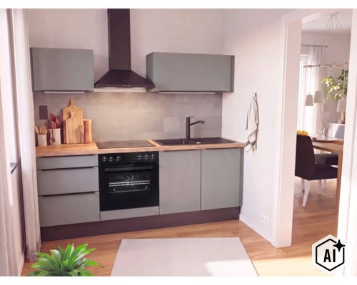 Cuisine équipée moderne avec façades mates, plan de travail en bois et appareils électroménagers intégrés dans un espace de vie ouvert. (Image AI modified or generated)