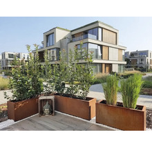 Terrasse de jardin moderne avec bacs à plantes en acier corten et une statue de Bouddha devant un complexe résidentiel avec éléments en bois.