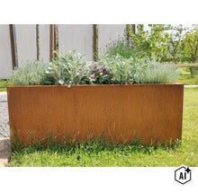 Jardinière rectangulaire en acier corten avec diverses plantes dans un jardin sur une pelouse. (Image AI modified or generated)