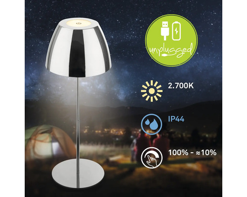 LED Tischleuchte für den Außenbereich mit Akku und USB Anschluss, Schutzart IP44, warmweißes Licht 2700 Kelvin und stufenlose Dimmfunktion.