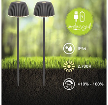 Deux lampes LED rechargeables sur piquet pour jardin avec fonction variateur, indice protection IP44, couleur lumière 2700 Kelvin.