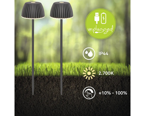 Deux lampes LED rechargeables sur piquet pour jardin avec fonction variateur, indice protection IP44, couleur lumière 2700 Kelvin.