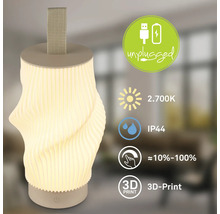 Tragbare LED Tischleuchte aus dem 3D Drucker mit Akku, USB Ladeanschluss, 2700 Kelvin Lichtfarbe, Schutzart IP44 und stufenloser Dimmfunktion.