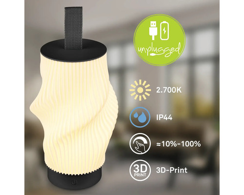 Tragbare LED Tischleuchte mit Akku, 3D Druck Lampenschirm, 2700 Kelvin, IP44 Spritzwasserschutz und Touch Dimmer von 10 bis 100 Prozent.