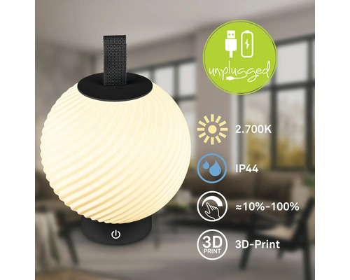 LED Tischleuchte mit Akku zum Aufladen, dimmbar 10 bis 100 Prozent, Schutzart IP44 für Außenbereich, Lichtfarbe 2700 Kelvin, 3D Druck