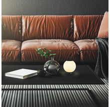 Wohnzimmer mit braunem Ledersofa, schwarzem Couchtisch, Tischleuchte, Buch und Vase mit Pflanze in moderner, eleganter Umgebung.