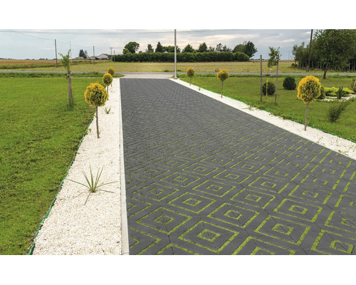 Une allée avec des pavés carrés formant un motif géométrique, bordée de bandes de graviers décoratifs et de petits arbres en boule.