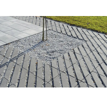 Pavés en béton posés en grille avec joints en gravier et cuvette d arrosage dans un jardin