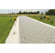 Allée pavée avec des dalles de gazon carrées dans un jardin avec pelouse et arbustes ornementaux.