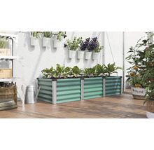 Bac potager rectangulaire en métal avec structure ondulée dans une serre avec d'autres plantes dans des pots suspendus et sur des étagères