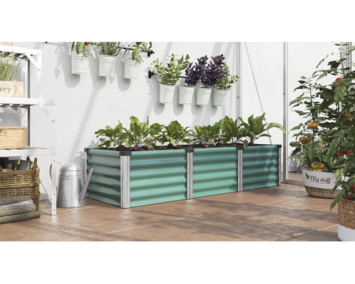 Bac potager rectangulaire en métal avec structure ondulée dans une serre avec d'autres plantes dans des pots suspendus et sur des étagères