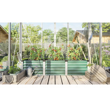 Un potager surélevé en métal profilé dans une serre avec des plants de tomates, des outils de jardinage et des caisses en bois sur une terrasse.