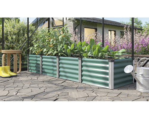 Carré potager rectangulaire en métal à structure ondulée planté de tomates et de laitue dans une serre sur une terrasse pavée.